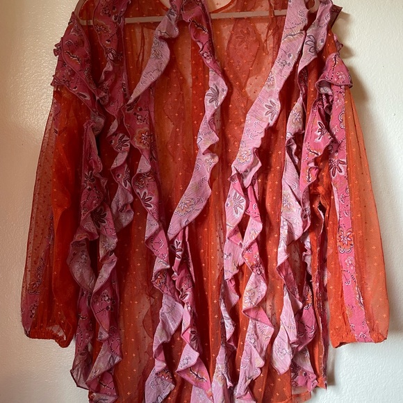 Free People - Button Down Tunic Top Sheer Ruffle Floral Mesh M - Picture 4 of 8